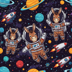 Smiling cartoon donkeys in astronaut suits float among planets and rockets in space Kids adventure