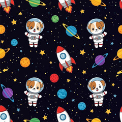 Cute astronaut dogs and rockets in a cosmic seamless pattern perfect for kids designs