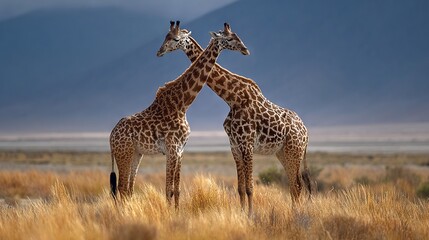 Obraz premium A pair of giraffes stand beside each other on a parched grass field, surrounded by towering mountains in the backdrop