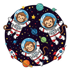 Cute cartoon astronaut monkeys explore space with rockets and planets Fun adventure