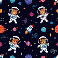 Cute astronaut bears planets and rockets in space Fun colorful cosmic pattern for kids
