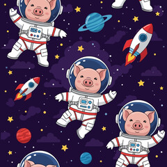 Cute pig astronauts floating in space with rockets and planets Fun adventurous cartoon pattern for kids
