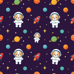 Cute astronaut dogs rockets planets in a seamless space pattern Whimsical cosmic adventure design