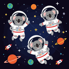 Cute cartoon koala astronauts explore colorful outer space with planets and stars