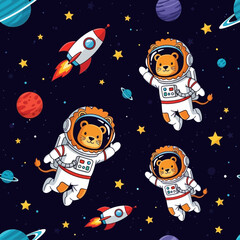 Playful lions in astronaut suits exploring the starry cosmos with spacecraft and planets