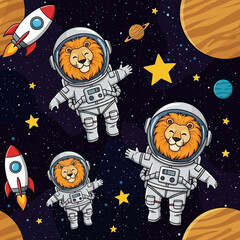 Smiling cartoon astronaut lions float among rockets stars and planets in a fun space adventure