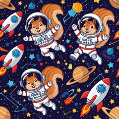 Playful squirrel astronauts floating among stars and planets a whimsical space exploration pattern
