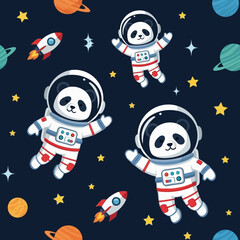 Cute panda astronauts float in space with rockets and planets perfect for kids themes