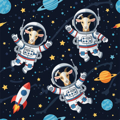 Whimsical cartoon goats in astronaut suits floating among planets and stars in space