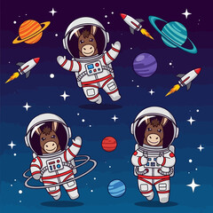 Cute donkey astronauts exploring space with planets stars and rockets Fun childrens adventure