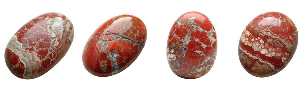 Four red jasper stones with white and gray veins, isolated on transparent background