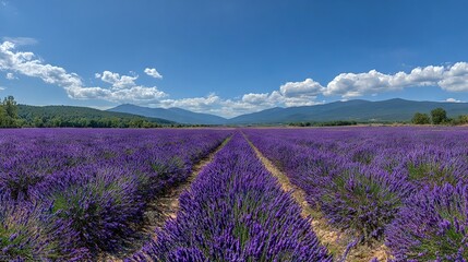 Obraz premium A field full of purple flowers under a clear blue sky with a distant mountain range