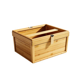 Wooden storage box, hinged lid, indoor setting, blank background, organization