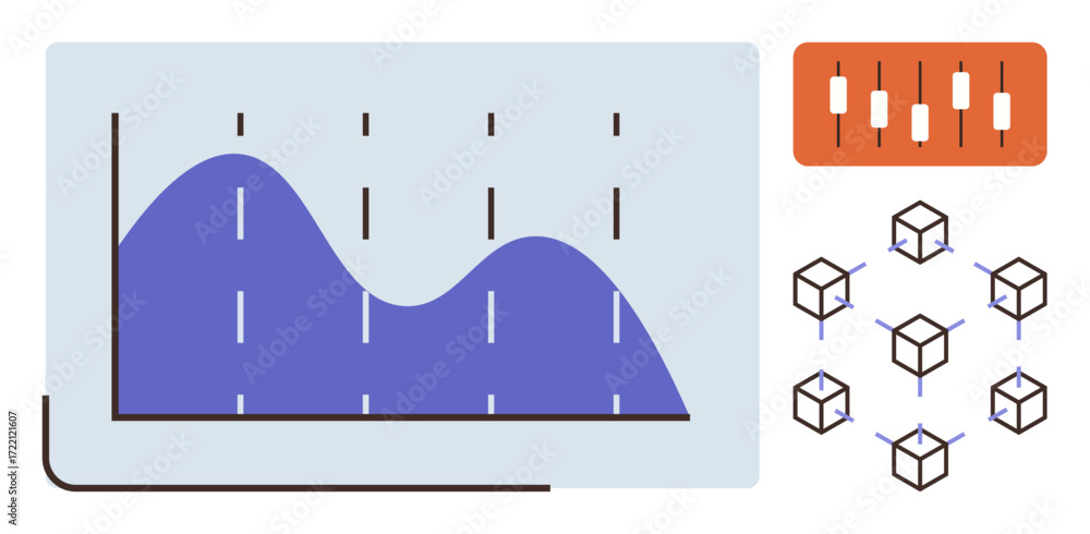 Poster blue area graph with dotted lines, candlestick chart on orange background, blockchain cube network. 