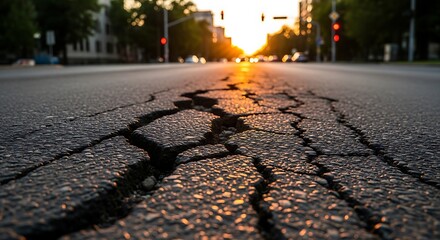 Cracked asphalt road under golden sunset light dramatic cityscape view