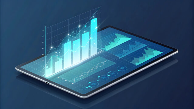 Futuristic digital tablet displaying glowing blue bar graph with data streams and particles - Powered by Adobe