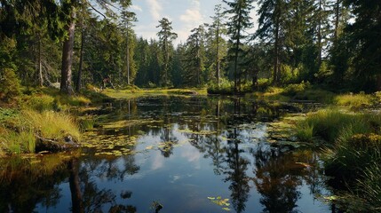 Obraz premium A pond surrounded by dense forest, dotted with vibrant water lilies
