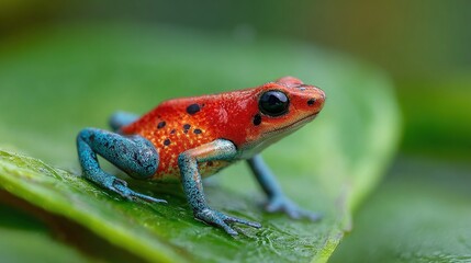 Fototapeta premium Red and blue frogs on a green leafy surface