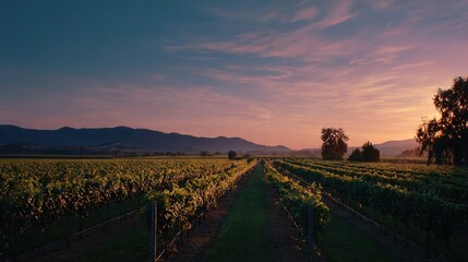 Obraz premium Sun setting in distance over crop field with mountains in background