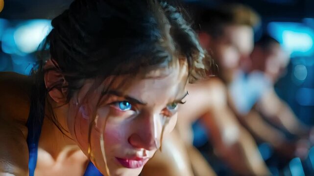 Close-up of a determined young woman with blue eyes working out at the gym in a spinning class