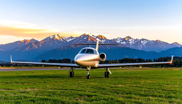 Private jet on a grassy runway, majestic mountains in the background at sunset - Powered by Adobe