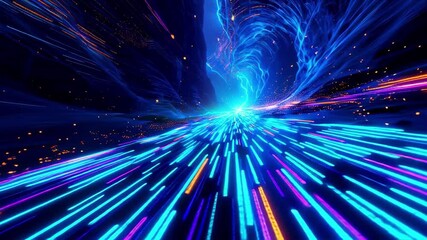 Experience hyper speed with neon light trails and electric energy surging forward, perfect for technology, innovation and digital transformation concepts