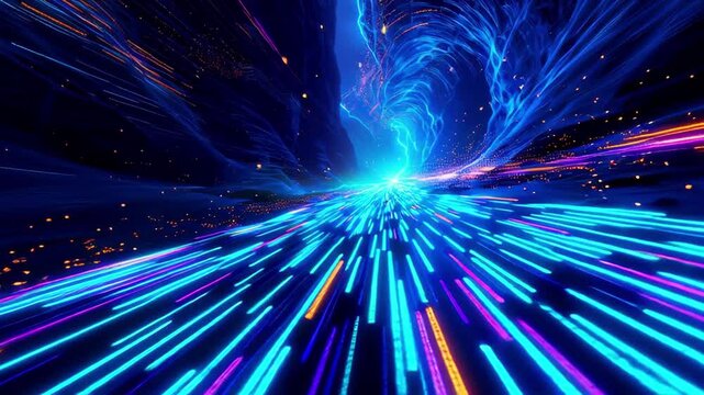 Experience hyper speed with neon light trails and electric energy surging forward, perfect for technology, innovation and digital transformation concepts