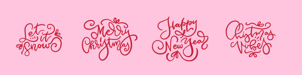 Christmas vintage hand drawn lettering set with curls and bows. Quotes - Merry Christmas, let it snow, Christmas vibe, happy new year. Vector linear illustration of calligraphy and ribbons