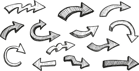 Hand-drawn sketch arrows, textured vector elements, artistic direction symbols, creative infographic icons, rough doodle style, isolated on white background