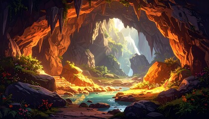 Lush cave opening into a sunny valley