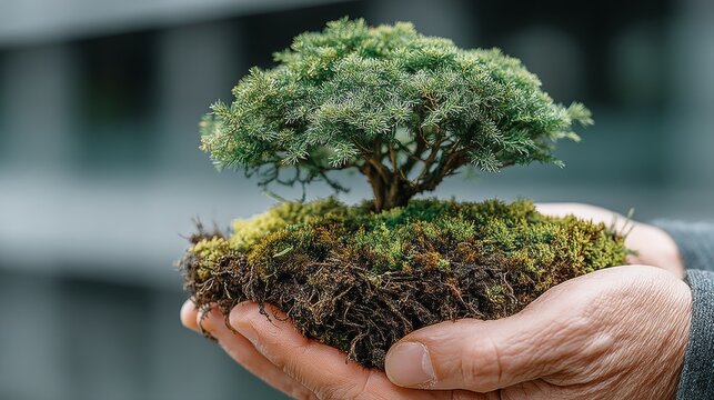 Small bonsai tree held in hands with moss and lush greenery - Powered by Adobe
