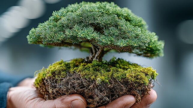 Tiny bonsai tree in mossy soil held by hands, showcasing miniature greenery and care