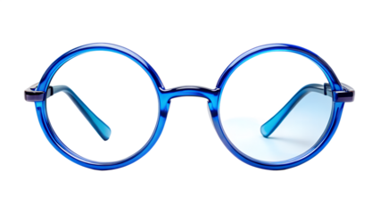 Closeup of blue round eyeglasses isolated on transparent background, a stylish and modern eyewear choice for vision correction or fashion