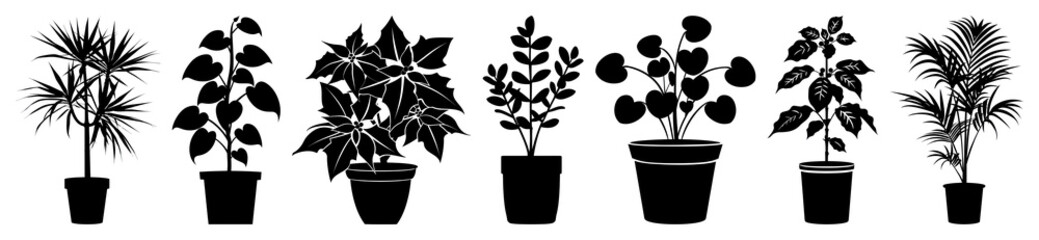 PNG Silhouette potted plants collection, element set on transparent background
