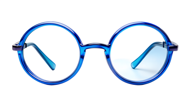 Closeup of blue round eyeglasses isolated on transparent background, a stylish and modern eyewear choice for vision correction or fashion