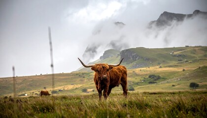 Highland cow in a grassy mountain meadow