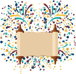 A sacred Torah scroll surrounded by an explosion of festive confetti and stars, symbolizing Jewish faith, tradition, and the joyous holiday of Simchat Torah.