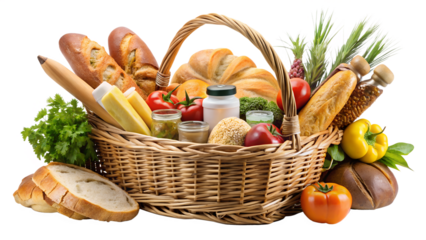 Basket overflowing with fresh bread and food isolated on transparent background, showcasing a bountiful harvest and culinary assortment