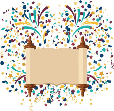 A sacred Torah scroll surrounded by an explosion of festive confetti and stars, symbolizing Jewish faith, tradition, and the joyous holiday of Simchat Torah.