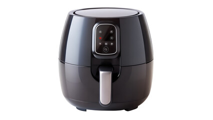Modern black air fryer isolated on transparent background, a convenient kitchen appliance for healthy cooking and crispy food with digital display