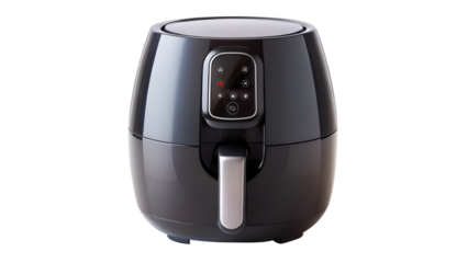 Modern black air fryer isolated on transparent background, a convenient kitchen appliance for healthy cooking and crispy food with digital display