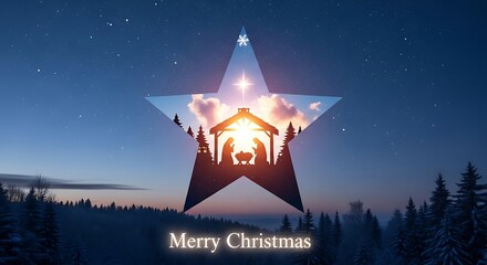 A starshaped silhouette revealing the nativity scene at sunset, wishing a merry christmas against a tranquil winter forest landscape