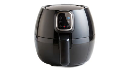 Sleek black air fryer isolated on transparent background, a modern kitchen appliance for oilfree cooking and crispy results with digital interface