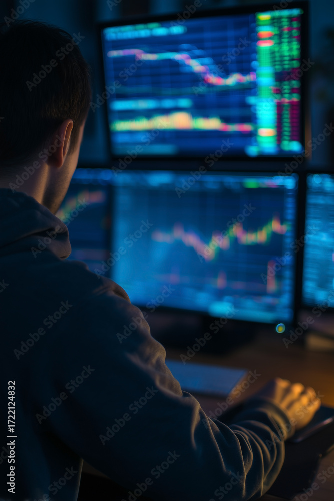 Poster monitoring financial markets, a man intensely analyzes data on multiple computer screens, charting t
