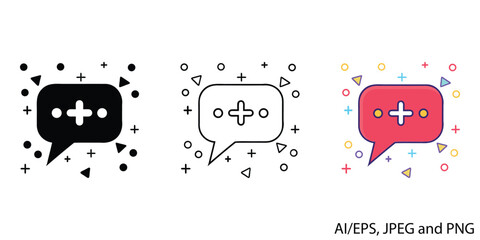 Speech bubble icon with plus sign symbol represents new message or communication vector