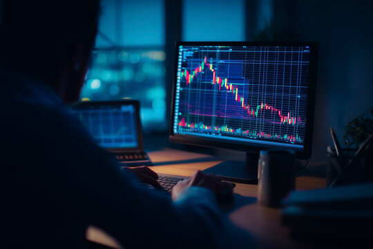Analyzing market trends on multiple monitors in a dimly lit room. Investment research and financial tracking at night.