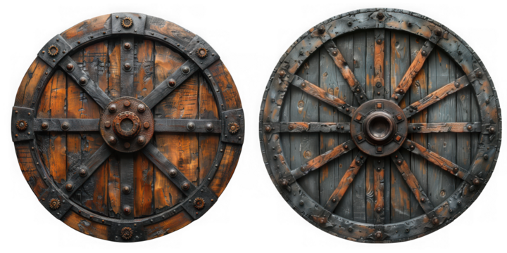 Two rustic wooden wagon wheels with metal accents, isolated on a transparent background