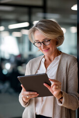 Fototapeta premium Businesswoman using a tablet. She is standing by a window smiling while wearing a cardigan, blouse and eyeglasses.