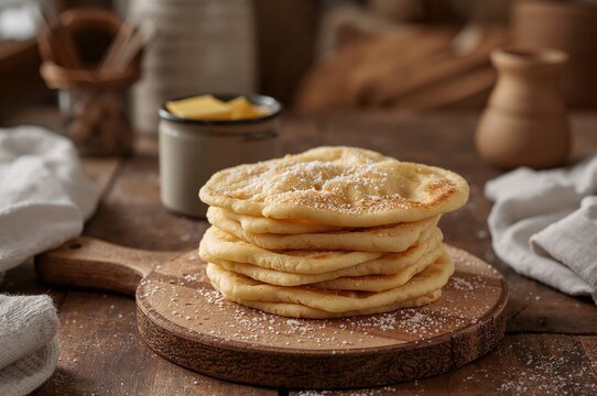 Norwegian Lefse flatbread stacked warm with butter sugar in rustic kitchen