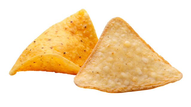 Two crunchy tortilla chips isolated on transparent background, perfect for dipping in salsa, guacamole, or cheese sauce as a tasty snack